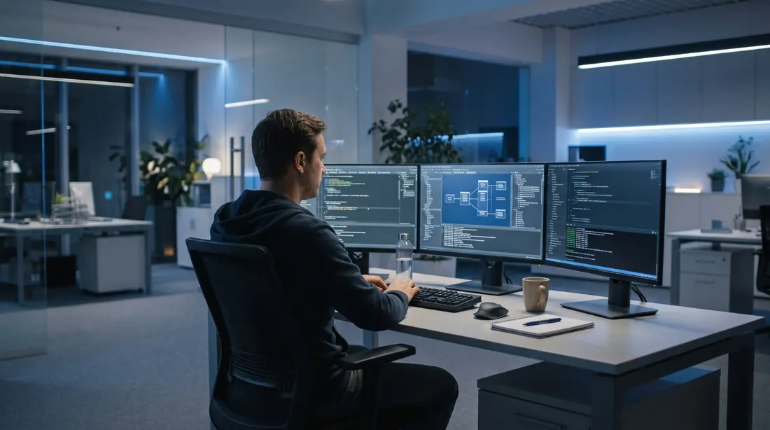 Engineer working on code and an architecture diagram across three monitors