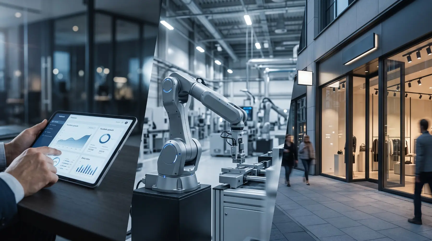 Three scenes side by side: a financial dashboard on a tablet, a robotic arm on a factory floor, and a retail storefront